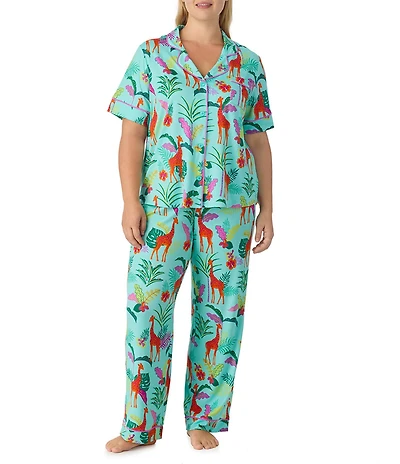 Room Service Plus Size Jungle Glow Print Short Sleeve Notch Collar Jersey Knit Pajama Set