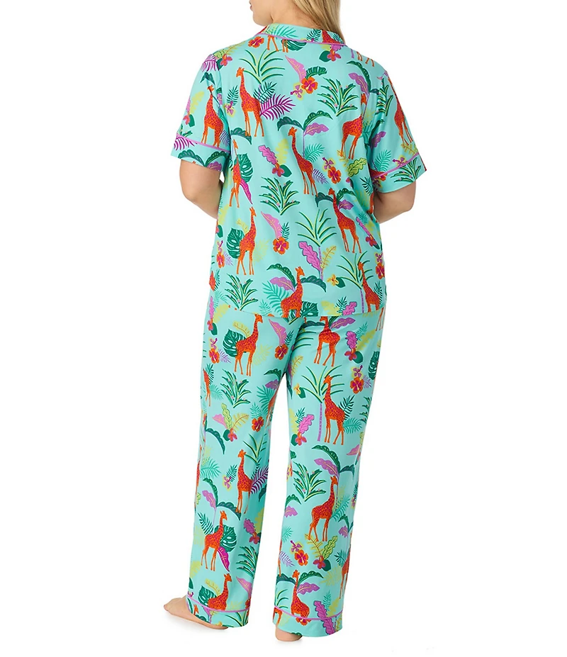 Room Service Plus Size Jungle Glow Print Short Sleeve Notch Collar Jersey Knit Pajama Set