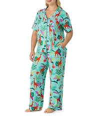 Room Service Plus Size Jungle Glow Print Short Sleeve Notch Collar Jersey Knit Pajama Set