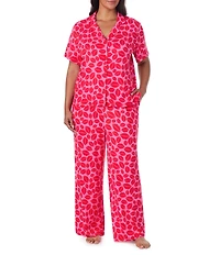 Room Service Plus Size Lip Print Short Sleeve Notch Collar Top & Long Pant Knit Pajama Set
