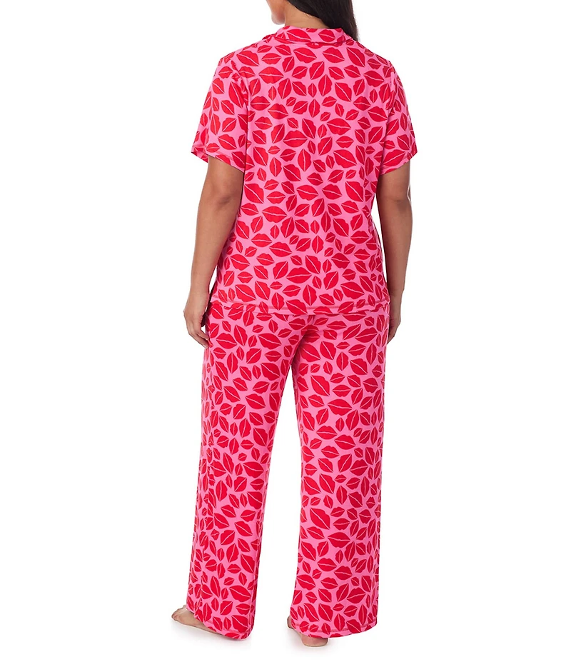 Room Service Plus Size Lip Print Short Sleeve Notch Collar Top & Long Pant Knit Pajama Set