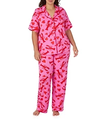 Room Service Plus Size Lobster Print Short Sleeve Notch Collar Cozy Jersey Knit Pajama Set
