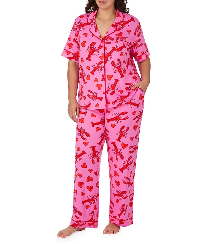 Room Service Plus Size Lobster Print Short Sleeve Notch Collar Cozy Jersey Knit Pajama Set