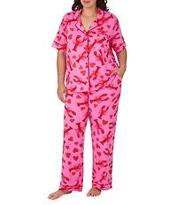 Room Service Plus Size Lobster Print Short Sleeve Notch Collar Cozy Jersey Knit Pajama Set