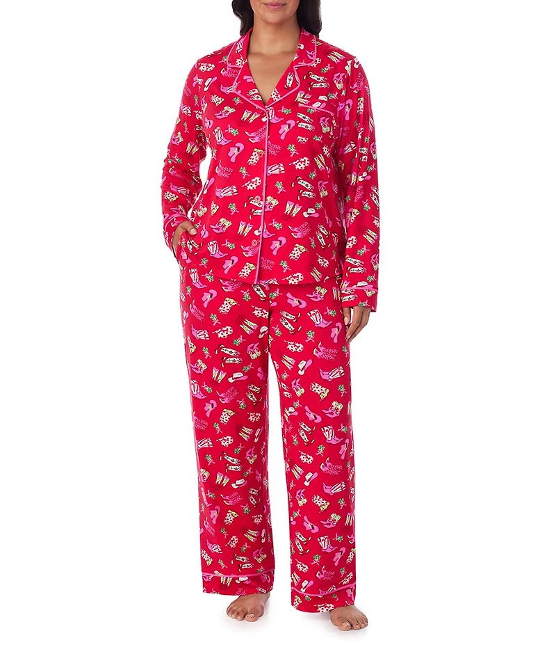 Room Service Plus Size Long Sleeve Notch Collar Cozy Jersey Festive Rodeo Print Long Holiday Pajama Set