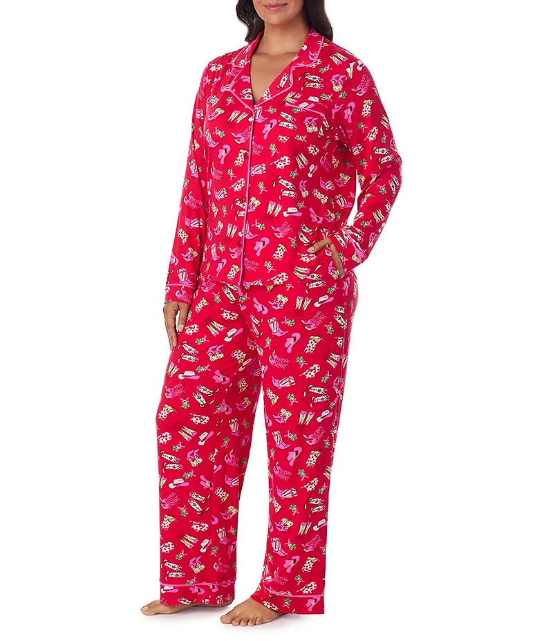 Room Service Plus Size Long Sleeve Notch Collar Cozy Jersey Festive Rodeo Print Long Holiday Pajama Set