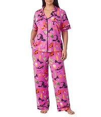 Room Service Plus Size Potion Commotion Print Short Sleeve Notch Collar Jersey Knit Pajama Set