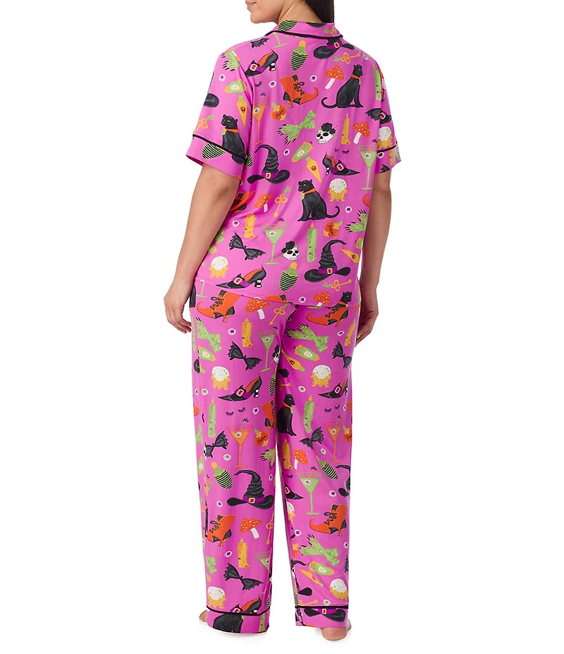 Room Service Plus Size Potion Commotion Print Short Sleeve Notch Collar Jersey Knit Pajama Set
