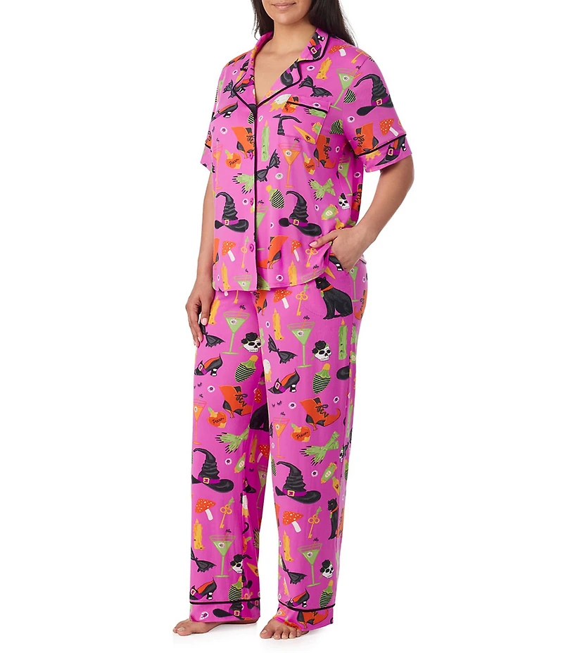 Room Service Plus Size Potion Commotion Print Short Sleeve Notch Collar Jersey Knit Pajama Set