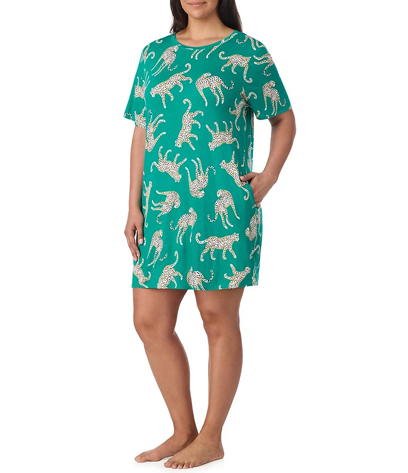Room Service Plus Size Safari Spots Print Short Sleeve Crew Neck Jersey Knit Sleepshirt