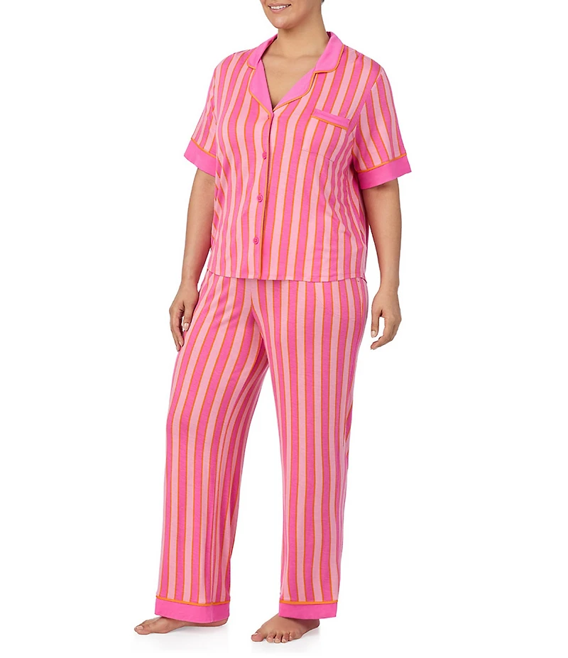 Room Service Plus Size Striped Short Sleeve Notch Collar Knit Pajama Set