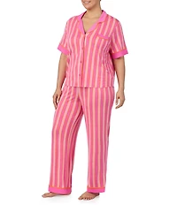 Room Service Plus Size Striped Short Sleeve Notch Collar Knit Pajama Set