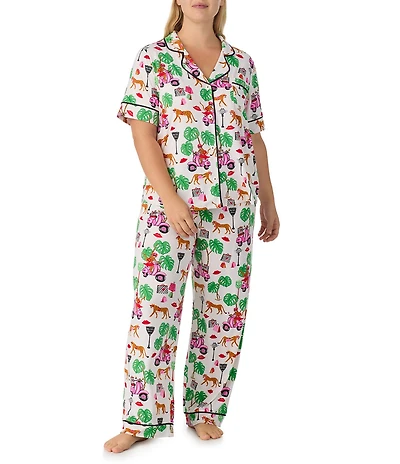 Room Service Plus Size Wild Ride Print Short Sleeve Notch Collar Long Jersey Knit Pajama Set