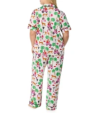 Room Service Plus Size Wild Ride Print Short Sleeve Notch Collar Long Jersey Knit Pajama Set