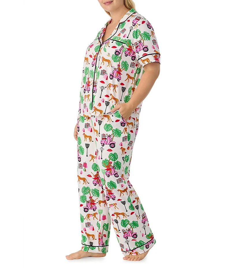 Room Service Plus Size Wild Ride Print Short Sleeve Notch Collar Long Jersey Knit Pajama Set