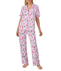 Room Service Poodle Print Short Sleeve Notch Collar Cozy Jersey Knit Long Pajama Set