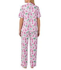 Room Service Poodle Print Short Sleeve Notch Collar Cozy Jersey Knit Long Pajama Set