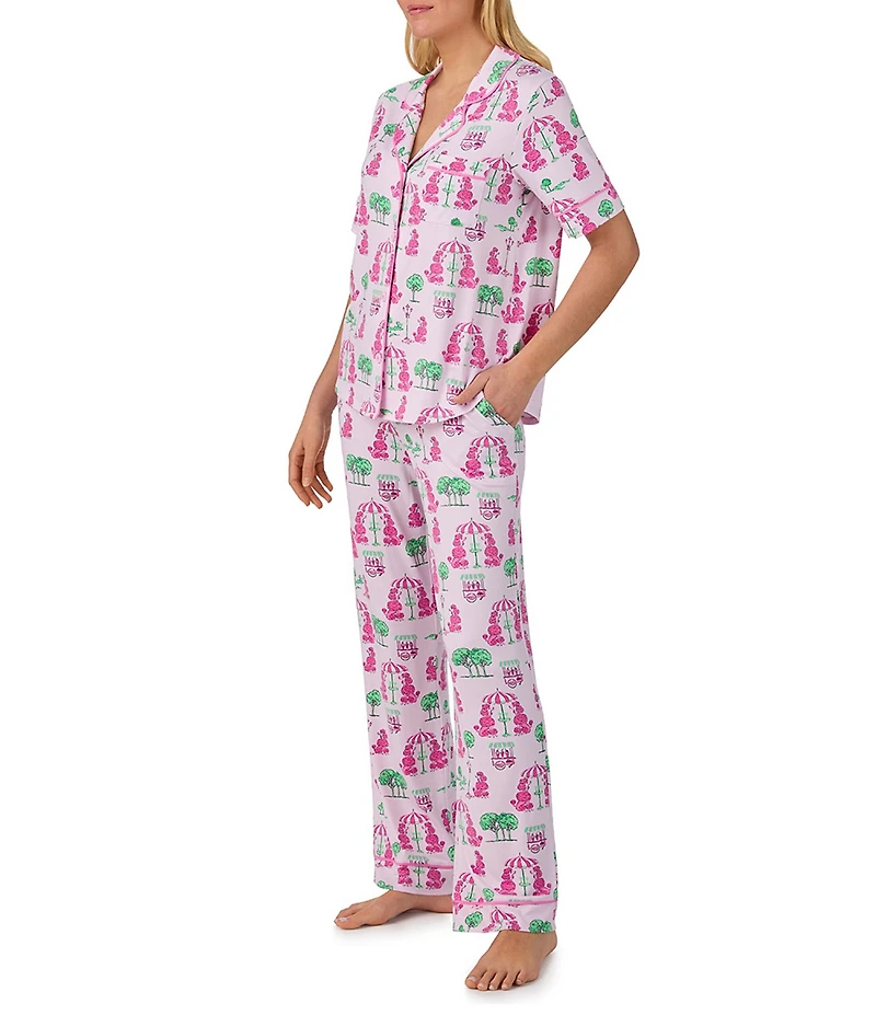 Room Service Poodle Print Short Sleeve Notch Collar Cozy Jersey Knit Long Pajama Set