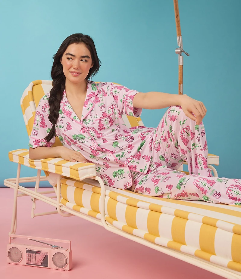 Room Service Poodle Print Short Sleeve Notch Collar Cozy Jersey Knit Long Pajama Set