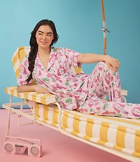 Room Service Poodle Print Short Sleeve Notch Collar Cozy Jersey Knit Long Pajama Set