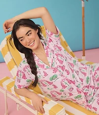 Room Service Poodle Print Short Sleeve Notch Collar Cozy Jersey Knit Long Pajama Set