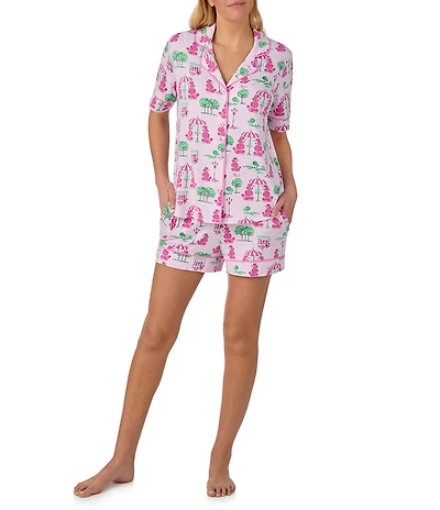 Room Service Poodle Print Short Sleeve Notch Collar Cozy Jersey Knit Shorty Pajama Set