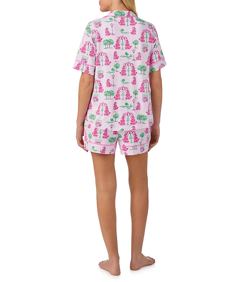 Room Service Poodle Print Short Sleeve Notch Collar Cozy Jersey Knit Shorty Pajama Set