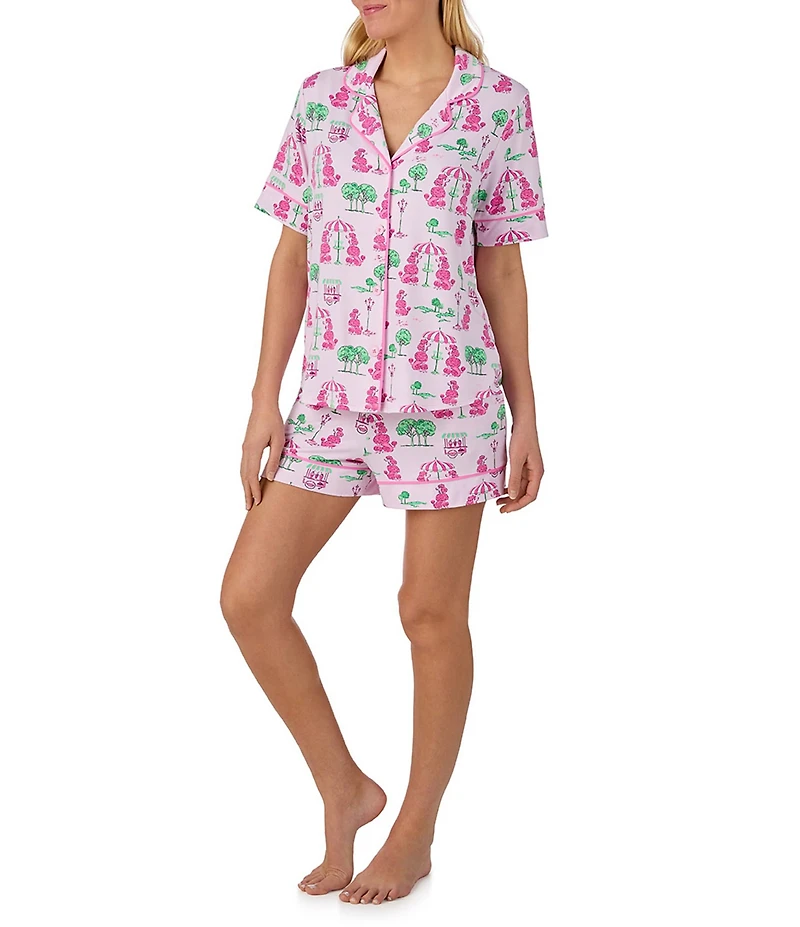 Room Service Poodle Print Short Sleeve Notch Collar Cozy Jersey Knit Shorty Pajama Set