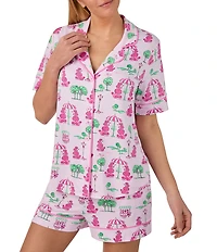 Room Service Poodle Print Short Sleeve Notch Collar Cozy Jersey Knit Shorty Pajama Set