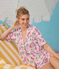 Room Service Poodle Print Short Sleeve Notch Collar Cozy Jersey Knit Shorty Pajama Set
