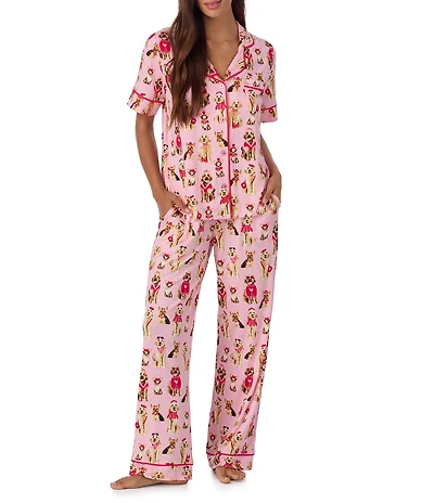 Room Service Posh Pups Short Sleeve Notch Collar Cozy Jersey Knit Long Valentine's Day Pajama Set