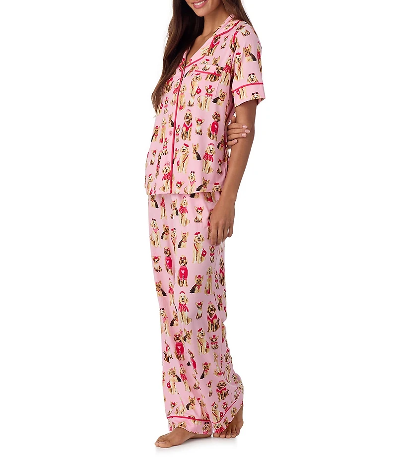 Room Service Posh Pups Short Sleeve Notch Collar Cozy Jersey Knit Long Valentine's Day Pajama Set