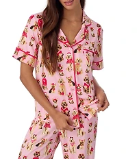 Room Service Posh Pups Short Sleeve Notch Collar Cozy Jersey Knit Long Valentine's Day Pajama Set