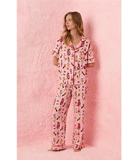 Room Service Posh Pups Short Sleeve Notch Collar Cozy Jersey Knit Long Valentine's Day Pajama Set