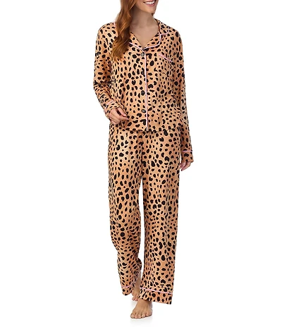 Room Service Printed Long Sleeve Notch Collar Knit Pajama Set