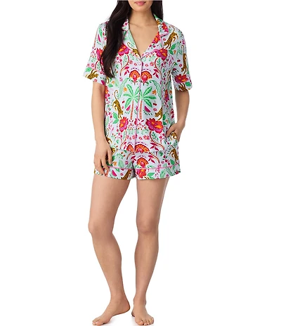 Room Service Rainforest Escape Print Short Sleeve Notch Collar Jersey Knit Shorty Pajama Set