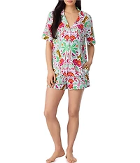Room Service Rainforest Escape Print Short Sleeve Notch Collar Jersey Knit Shorty Pajama Set