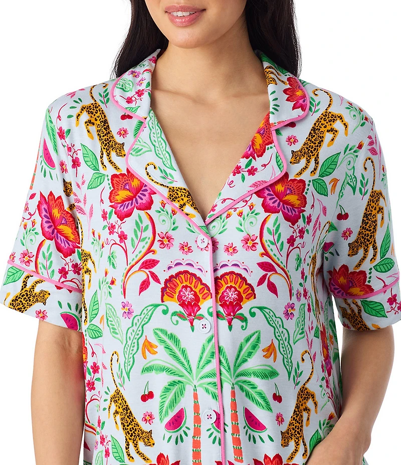 Room Service Rainforest Escape Print Short Sleeve Notch Collar Jersey Knit Shorty Pajama Set