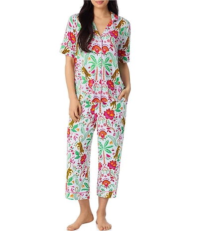 Room Service Rainforest Escape Short Sleeve Notch Collar Jersey Knit Cropped Pajama Set
