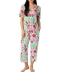 Room Service Rainforest Escape Short Sleeve Notch Collar Jersey Knit Cropped Pajama Set