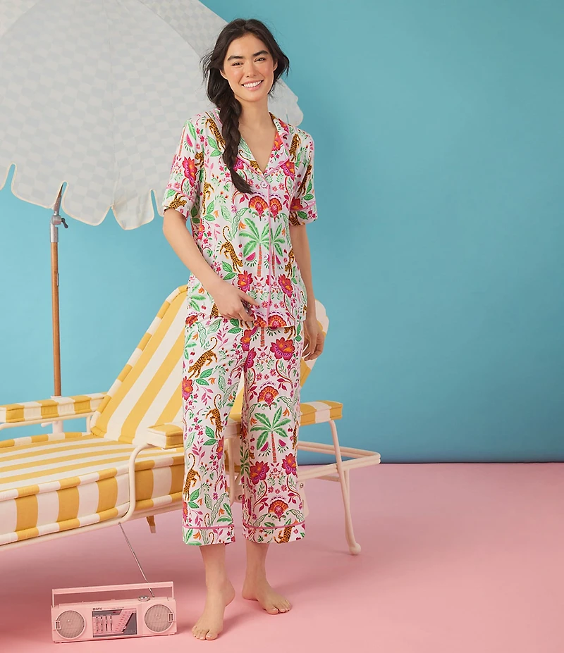 Room Service Rainforest Escape Short Sleeve Notch Collar Jersey Knit Cropped Pajama Set