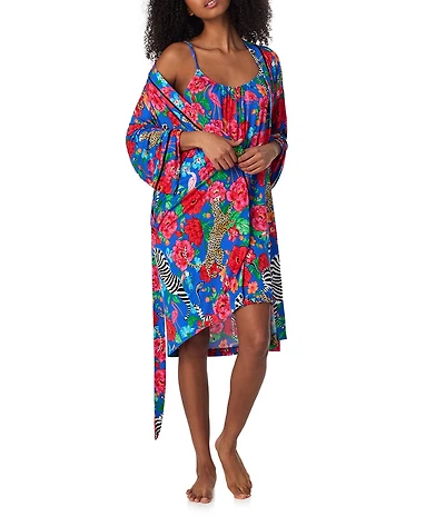 Room Service Safari Floral Print 3/4 Sleeve Jersey Knit Coordinating Short Wrap Robe