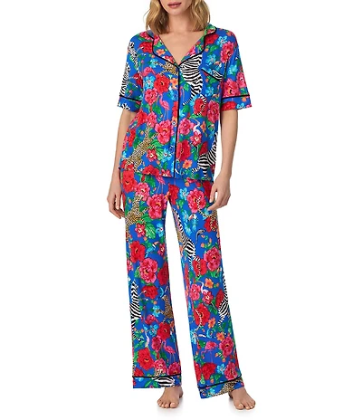 Room Service Safari Floral Print Short Sleeve Notch Collar Jersey Knit Long Pajama Set