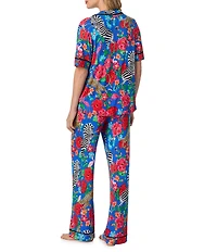 Room Service Safari Floral Print Short Sleeve Notch Collar Jersey Knit Long Pajama Set