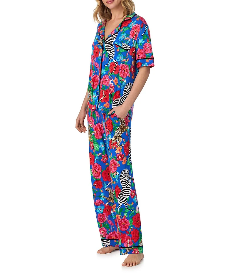 Room Service Safari Floral Print Short Sleeve Notch Collar Jersey Knit Long Pajama Set