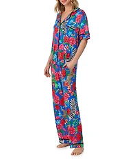 Room Service Safari Floral Print Short Sleeve Notch Collar Jersey Knit Long Pajama Set