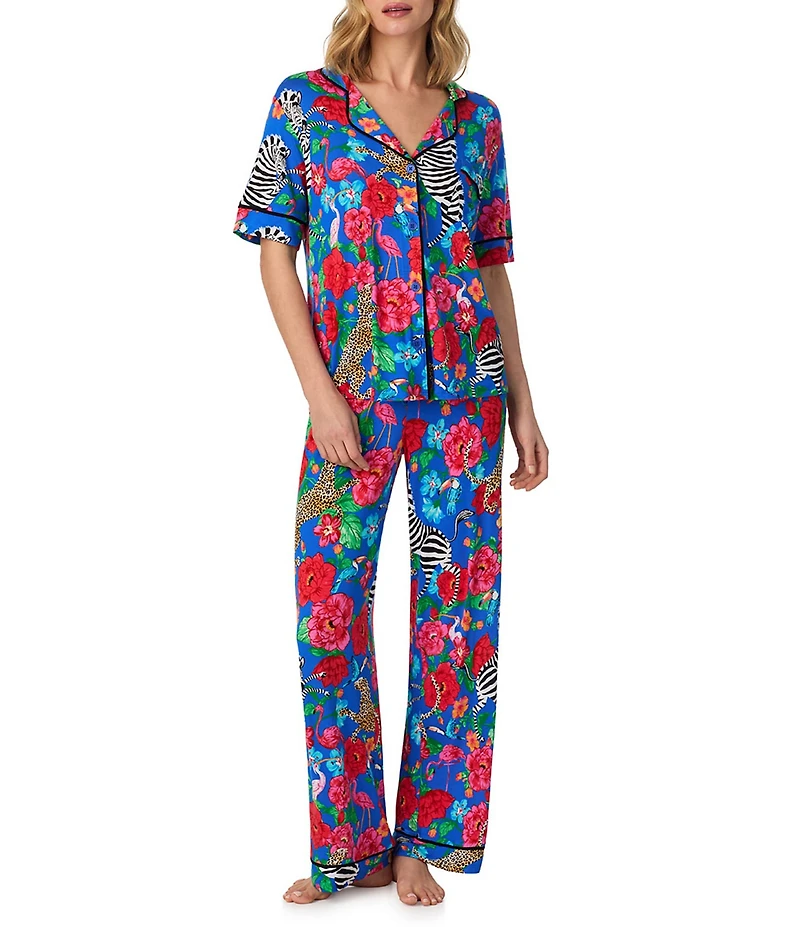Room Service Safari Floral Print Short Sleeve Notch Collar Jersey Knit Long Pajama Set