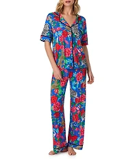 Room Service Safari Floral Print Short Sleeve Notch Collar Jersey Knit Long Pajama Set