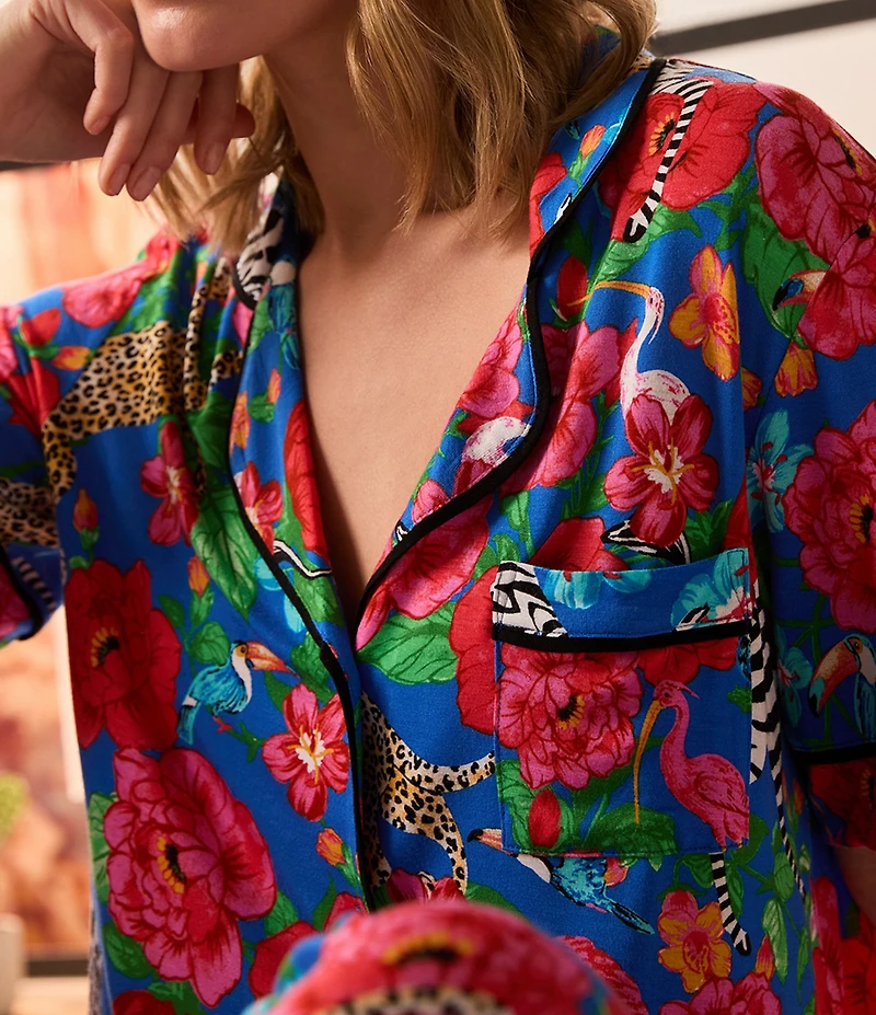 Room Service Safari Floral Print Short Sleeve Notch Collar Jersey Knit Long Pajama Set
