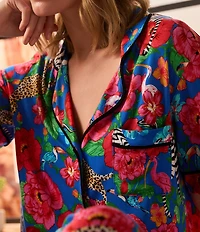 Room Service Safari Floral Print Short Sleeve Notch Collar Jersey Knit Long Pajama Set